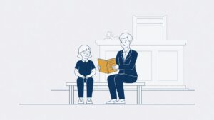 Kind zit naast een bijzondere curator met een notitieblok, voor de zittingszaal