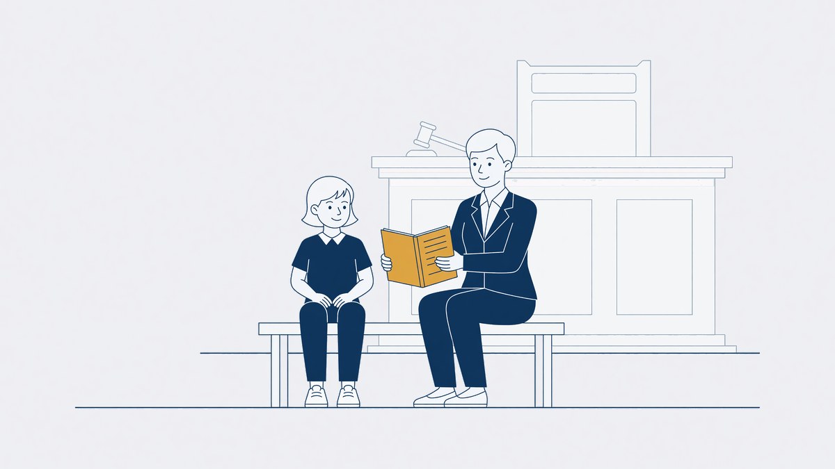 Kind zit naast een bijzondere curator met een notitieblok, voor de zittingszaal