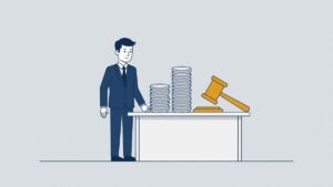 Illustration: two stacks of coins with a judge's gavel, fair compensation on top of the transition payment