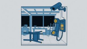 Illustratie van een verlaten werkplaats bij nacht met een omgevallen kruk, een telefoon en een bewakingscamera