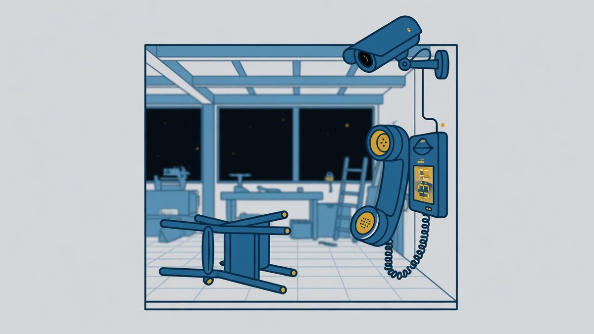 Illustratie van een verlaten werkplaats bij nacht met een omgevallen kruk, een telefoon en een bewakingscamera