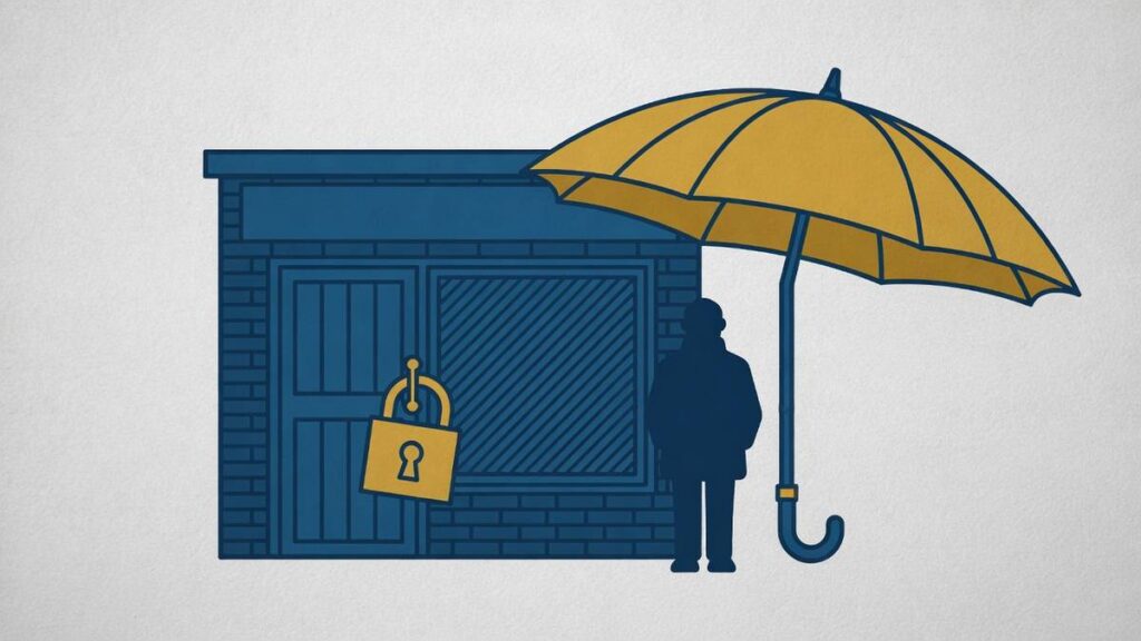Illustratie van een gesloten bedrijfspand met een hangslot, met een figuur onder een paraplu ernaast