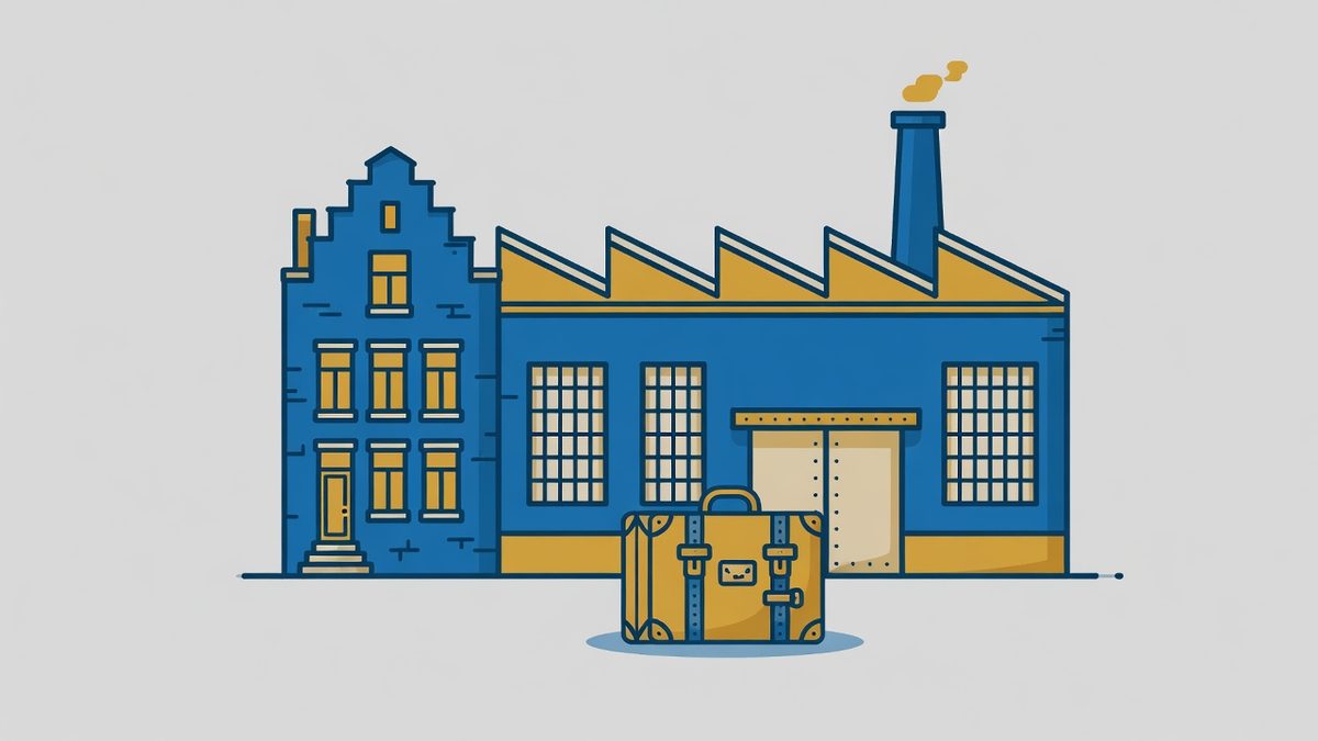 Illustratie van een woonhuis naast een fabriekshal met een koffer voor de deur