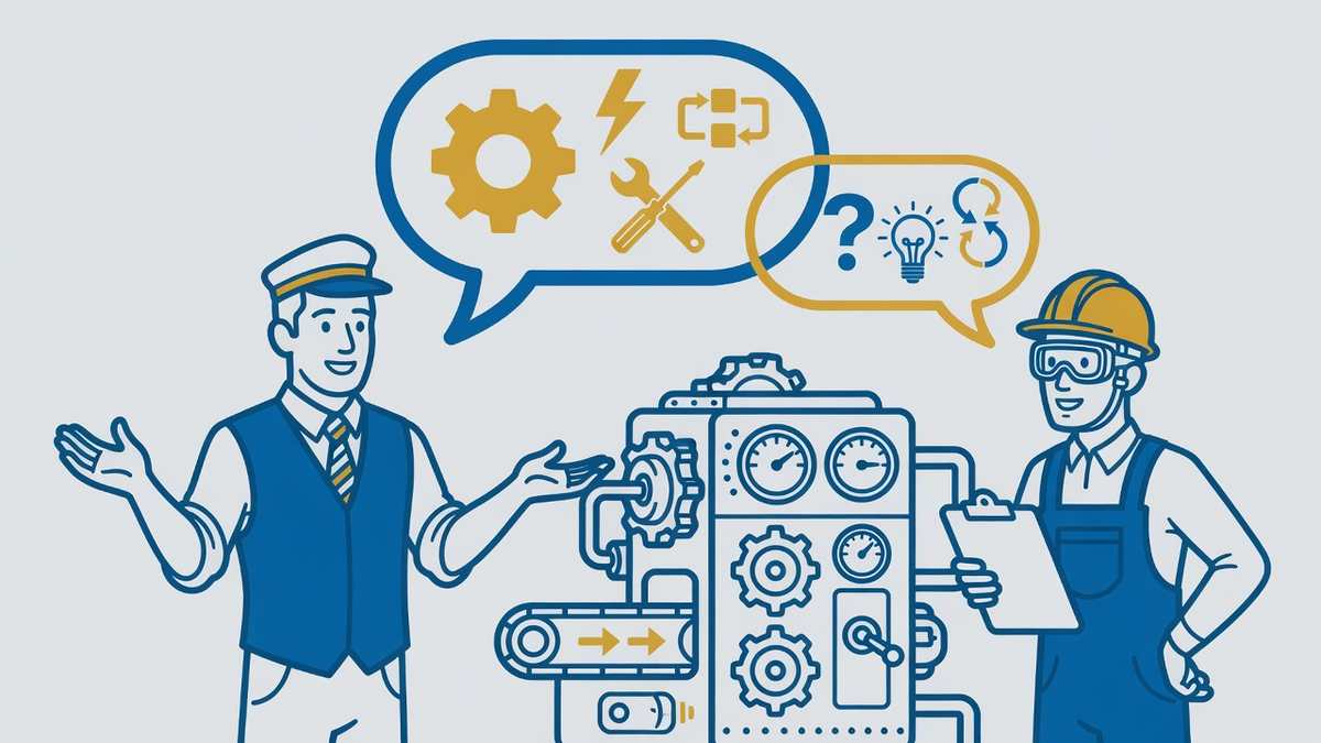 Illustratie van een voorman die een machine uitlegt aan een werknemer met veiligheidshelm