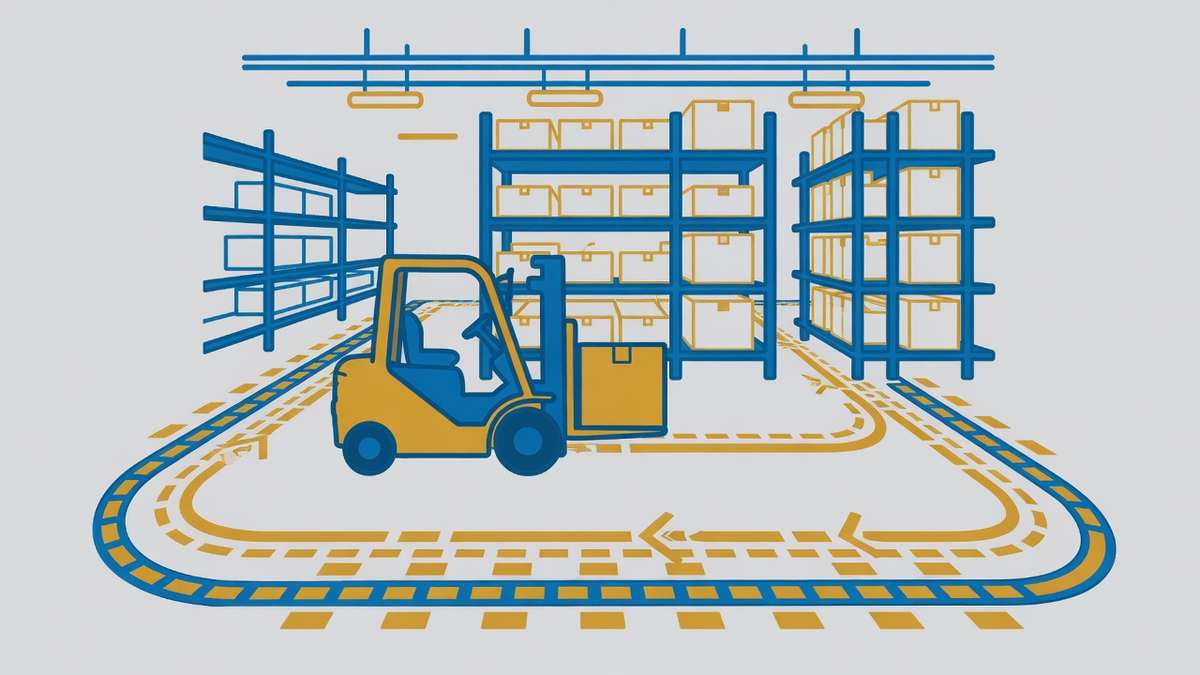 Illustratie van een magazijn met stellingen, een heftruck en gemarkeerde looproutes