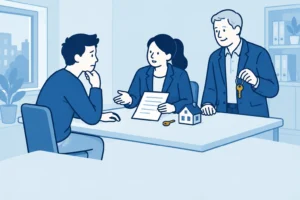 Huurder bespreekt een huurcontract met een makelaar en verhuurder aan een tafel met een huissleutel.