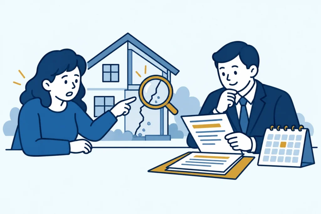 Woningbezitter en advocaat bespreken een bouwgebrek, contract en termijn