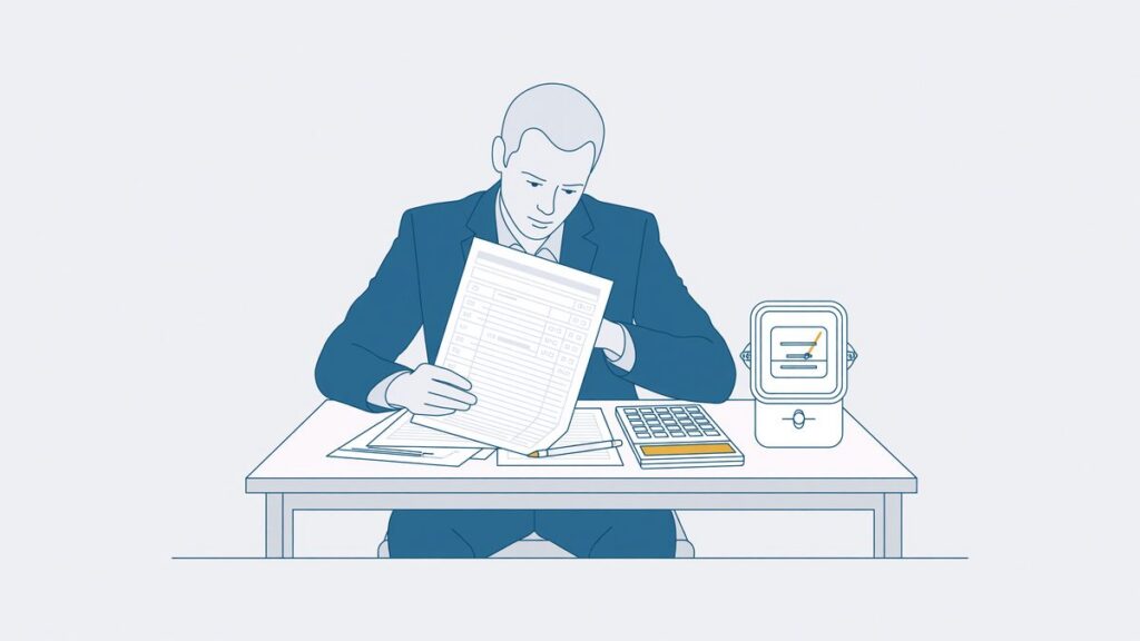 Ondernemer controleert aan een bureau een zakelijk energiecontract en de berekening van de opzegvergoeding