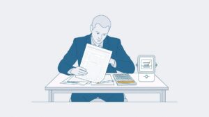 Ondernemer controleert aan een bureau een zakelijk energiecontract en de berekening van de opzegvergoeding