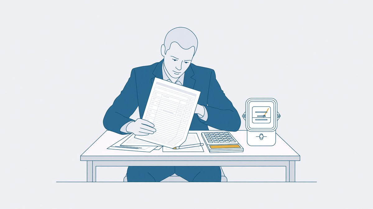 Ondernemer controleert aan een bureau een zakelijk energiecontract en de berekening van de opzegvergoeding