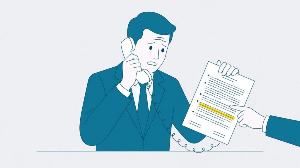 Ondernemer aan de telefoon bekijkt een zakelijk energiecontract dat een tussenpersoon heeft opgesteld