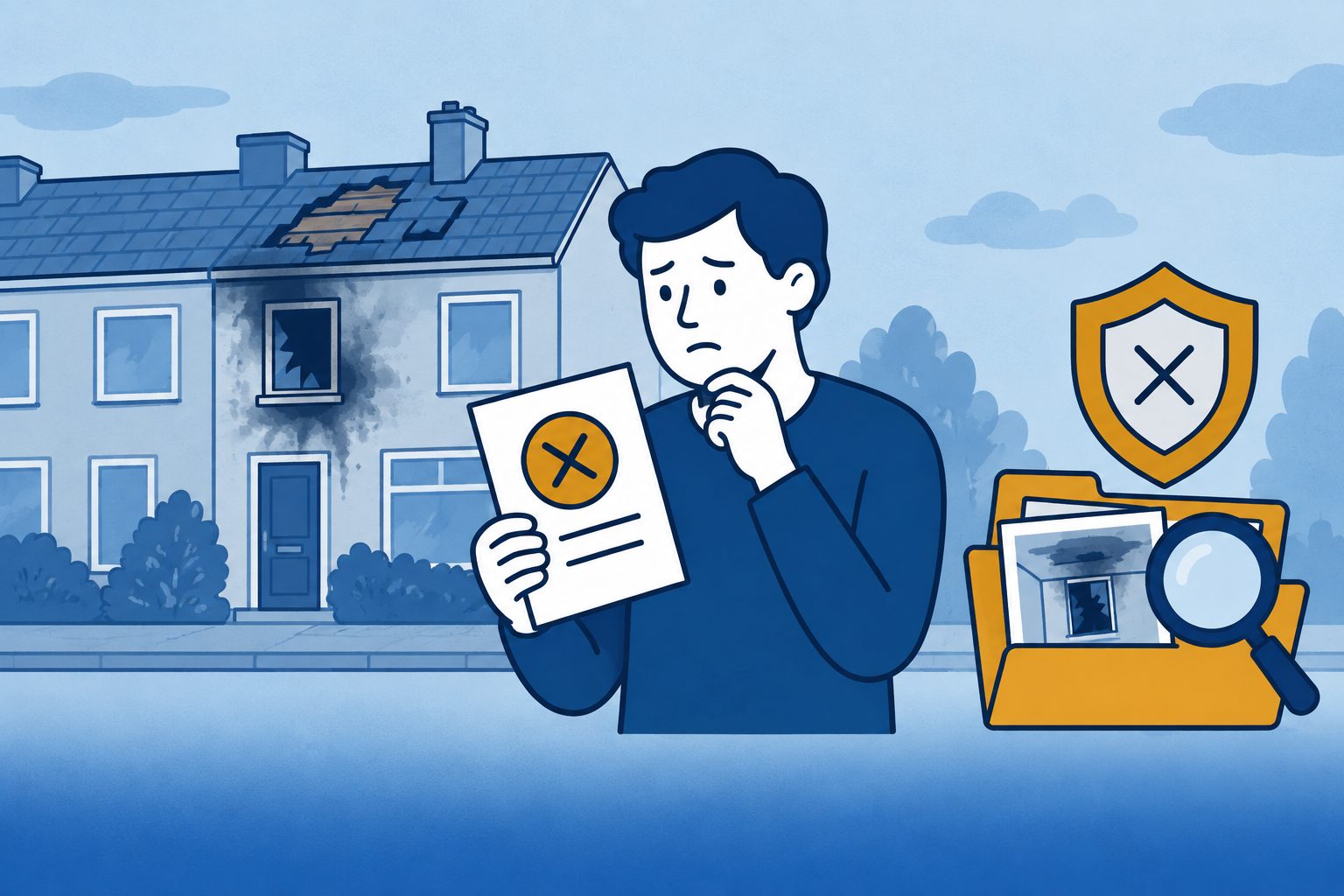 Bewoner met een afwijzingsbrief voor een door brand beschadigde woning.