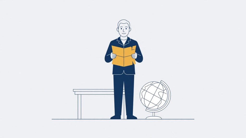 Illustratie bij een buitenlands rechtshulpverzoek: man leest een oproep naast een wereldbol