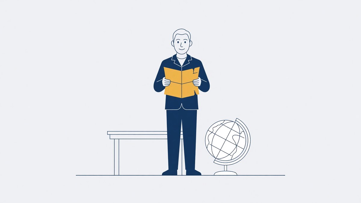 Illustratie bij een buitenlands rechtshulpverzoek: man leest een oproep naast een wereldbol