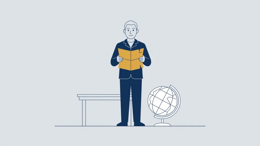 Illustratie bij een buitenlands rechtshulpverzoek: man leest een oproep naast een wereldbol