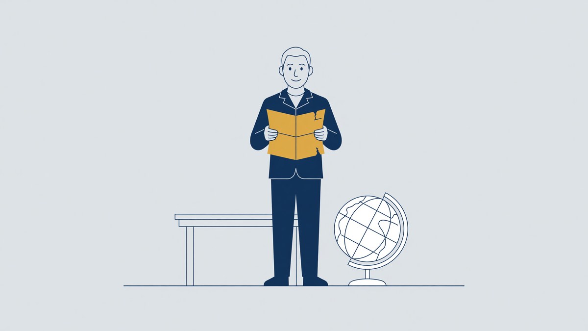Illustratie bij een buitenlands rechtshulpverzoek: man leest een oproep naast een wereldbol