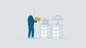 Man met een brief kijkt naar twee gescheiden archiefkasten, een met een bankgebouw erop en een met een paraplu