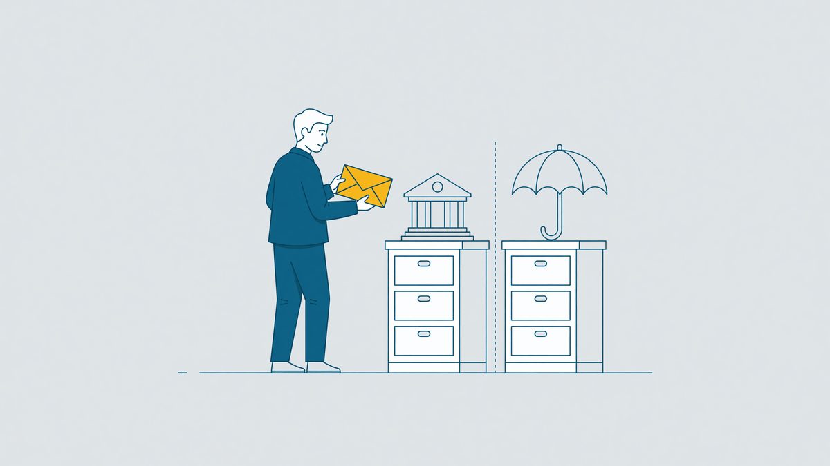 Man met een brief kijkt naar twee gescheiden archiefkasten, een met een bankgebouw erop en een met een paraplu