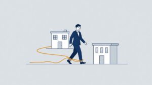 Illustration: an employee walks towards a competitor with a rope tied to the ankle, the non-compete clause
