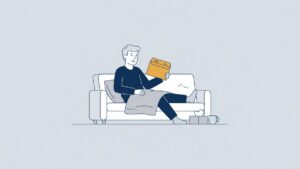Illustration: a sick employee at home on the sofa receives a payslip, the obligation to continue paying wages
