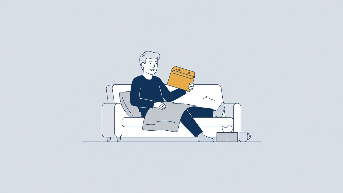 Illustratie: zieke werknemer thuis op de bank ontvangt zijn loonstrook, de loondoorbetalingsplicht bij ziekte
