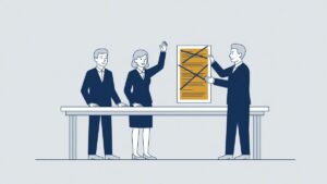 Illustration: the works council objects to a list of crossed-out names, collective dismissal