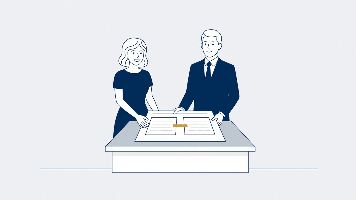 Twee ouders aan de balie met een document waarop twee achternamen staan