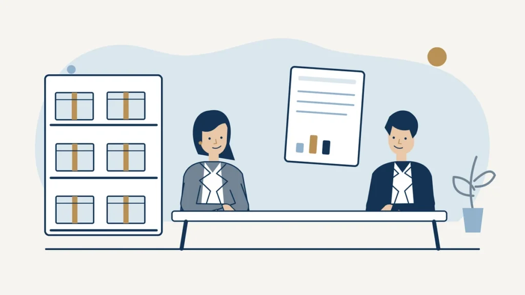 Creditor and adviser reviewing a claim and warehouse inventory