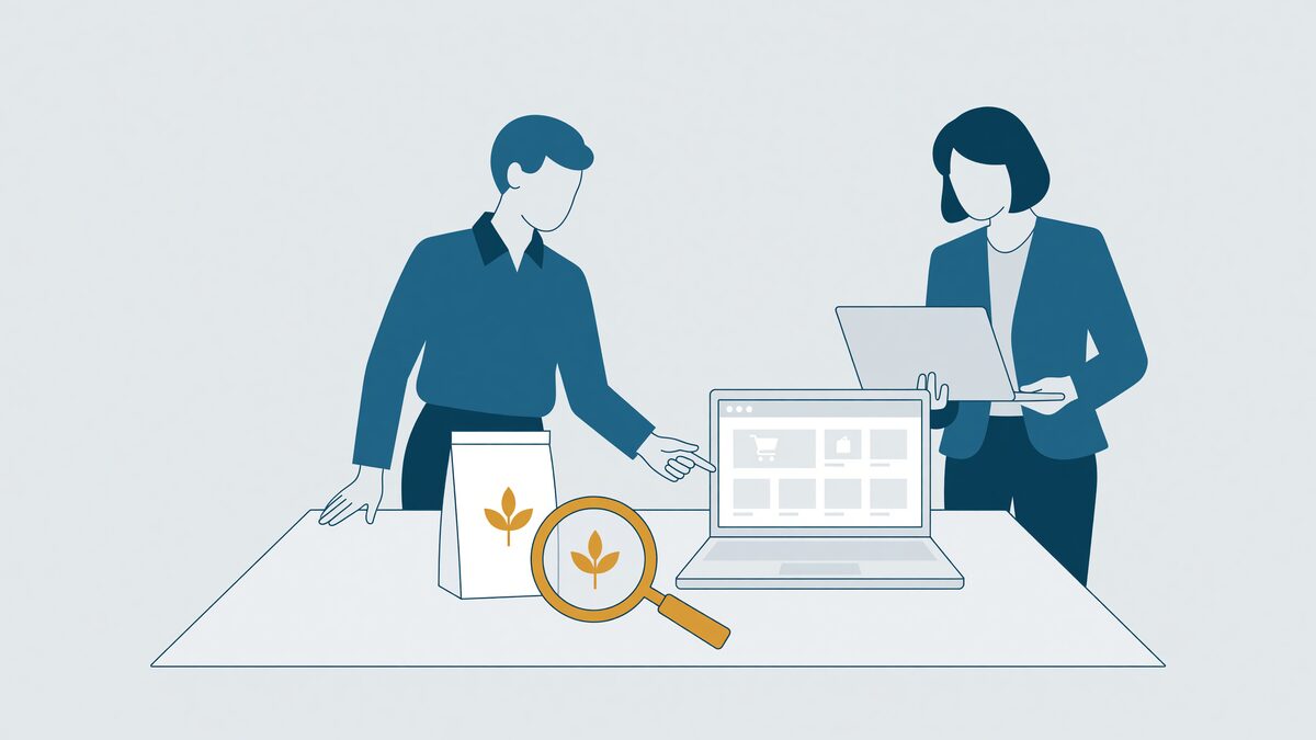 Ondernemer en adviseur bekijken aan een tafel een productverpakking met blaadjessymbool en een laptop met een webshoppagina, met een vergrootglas ernaast.