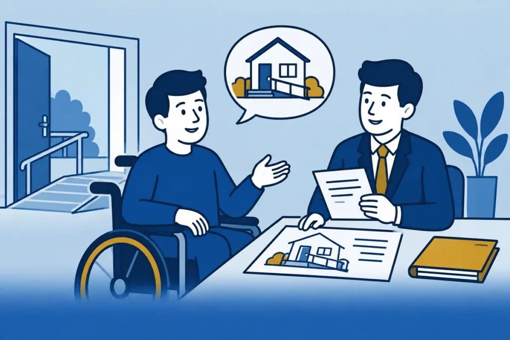 Man in een rolstoel bespreekt met een adviseur zijn toegankelijke woning.