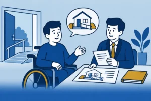 Man in een rolstoel bespreekt met een adviseur zijn toegankelijke woning.