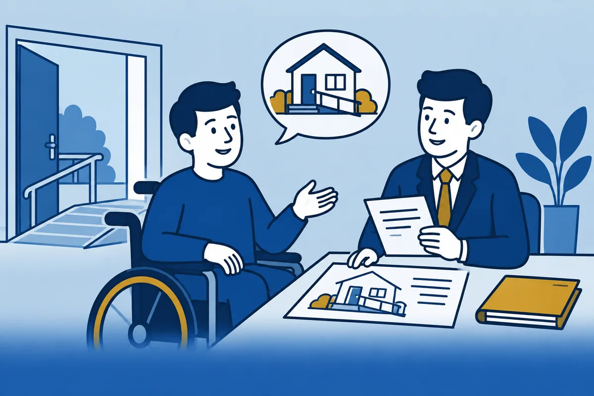 Man in een rolstoel bespreekt met een adviseur zijn toegankelijke woning.