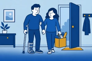 Persoon met een looplaars krijgt thuis hulp bij het dragen van boodschappen.