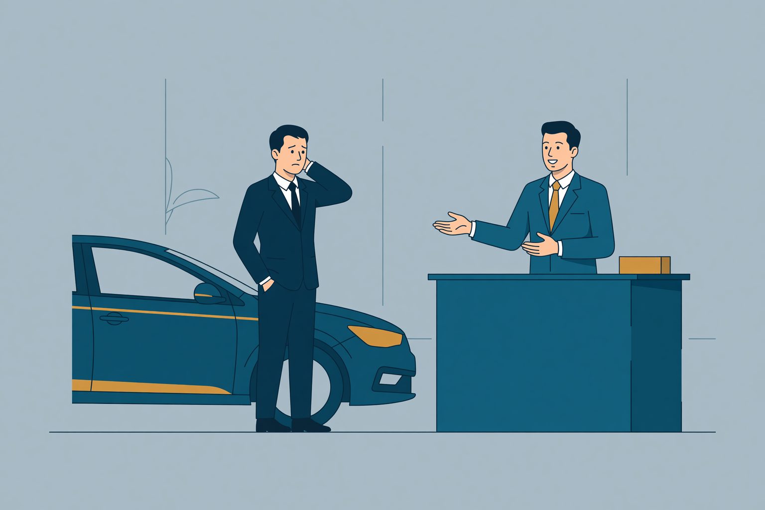 Man staat bezorgd naast zijn auto terwijl een medewerker achter een balie hem te woord staat.