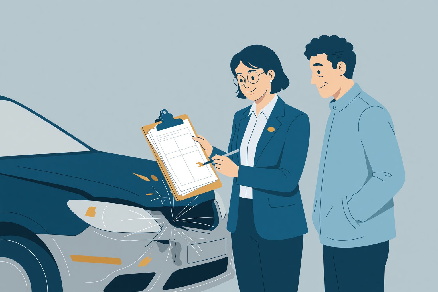 Schade-expert met klembord bekijkt samen met de eigenaar de ingedeukte voorkant van een auto.