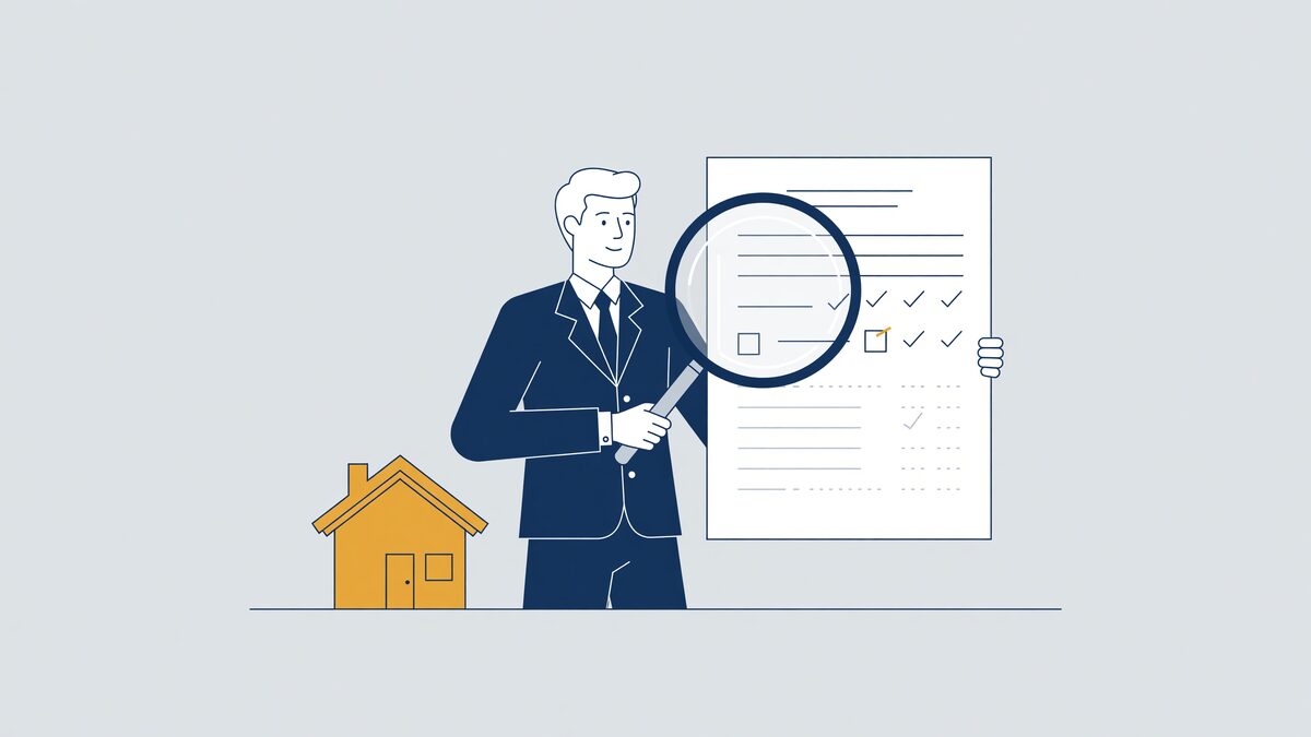 Illustratie: hypotheekverstrekker bekijkt met een vergrootglas een kredietoverzicht, met een huisje ernaast