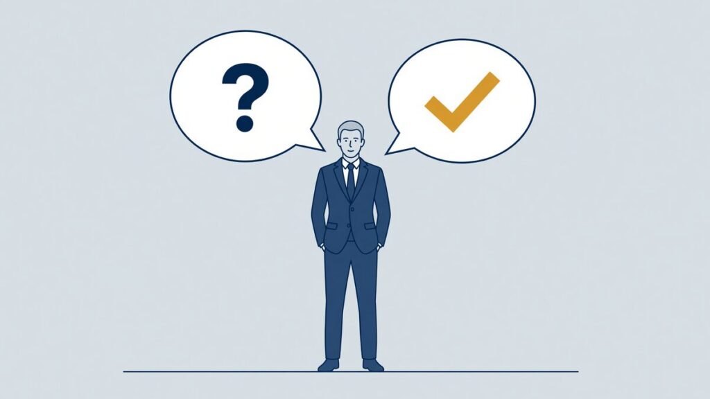 Illustratie: man tussen twee spraakballonnen met een vraagteken en een vinkje, misverstanden over BKR- en EVR-registraties