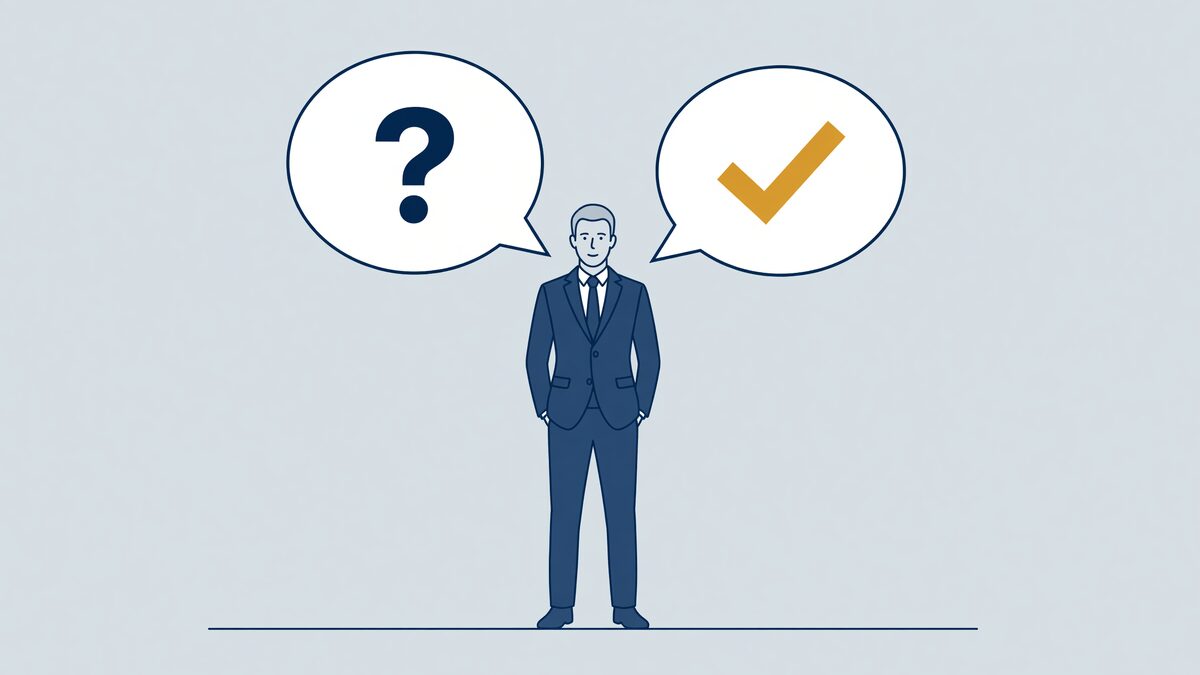 Illustratie: man tussen twee spraakballonnen met een vraagteken en een vinkje, misverstanden over BKR- en EVR-registraties