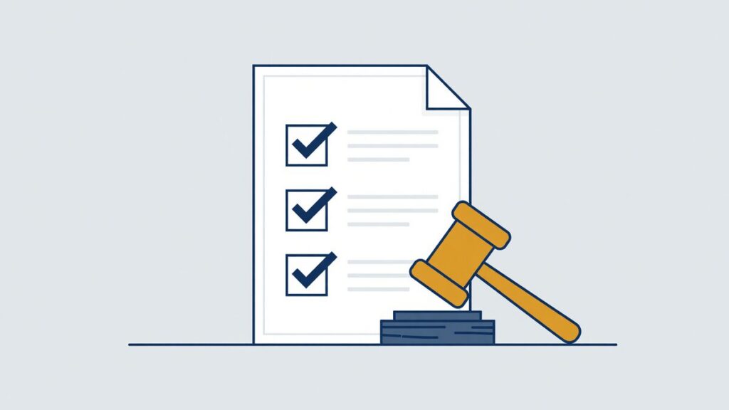 Illustratie: document met drie afgevinkte voorwaarden naast een rechtershamer, toetsing of een EVR-registratie rechtmatig is