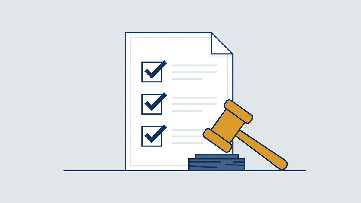 Illustratie: document met drie afgevinkte voorwaarden naast een rechtershamer, toetsing of een EVR-registratie rechtmatig is