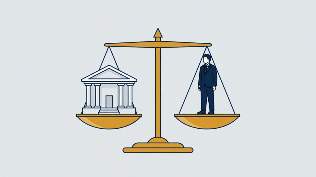 Illustratie: weegschaal met een bankgebouw tegenover een persoon, symbool voor de proportionaliteit van een EVR-registratie