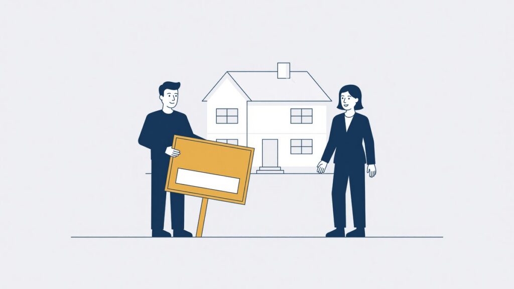 Twee ex-partners aan weerszijden van hun woning, met een bord te koop