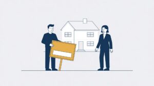 Twee ex-partners aan weerszijden van hun woning, met een bord te koop