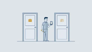 Worker between two doors, one with a briefcase and one with a staff pass: employee or freelancer