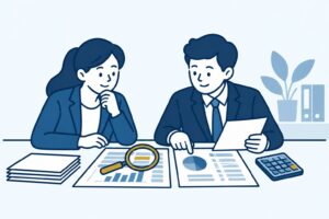 Ondernemer en adviseur vergelijken financiële overzichten met een rekenmachine en vergrootglas.