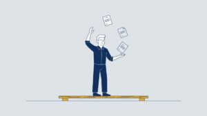 Illustration: a worker balances on a narrow beam juggling three flexible contracts, pitfalls after the WAB