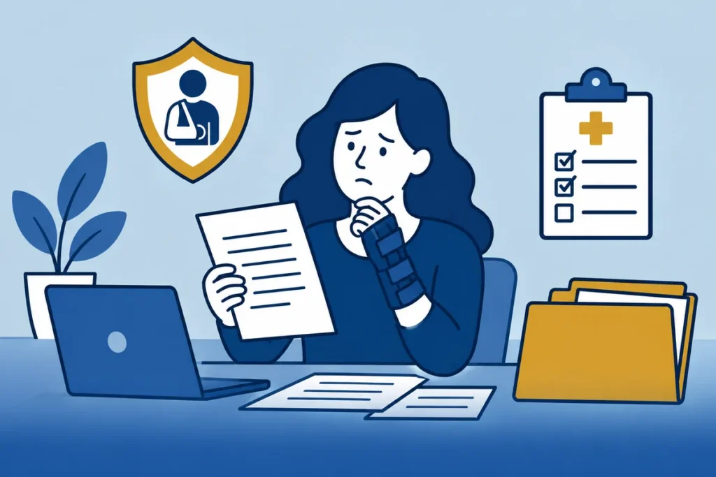 Vrouw met polsbrace aan een bureau tijdens herstel na een ongeval.