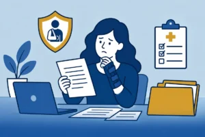 Vrouw met polsbrace aan een bureau tijdens herstel na een ongeval.