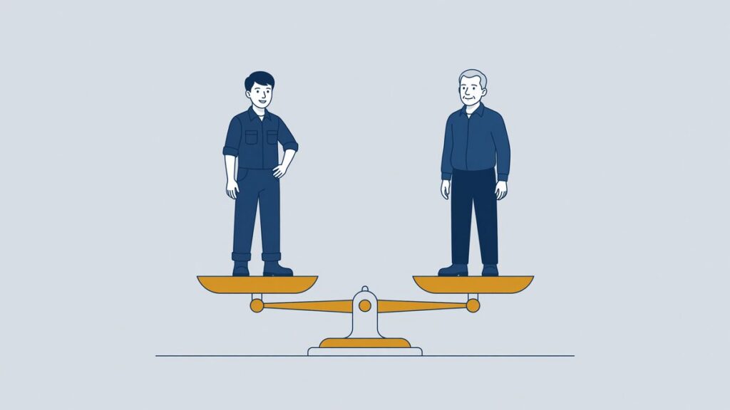 Illustration: a young and an older worker balanced on a scale, equal pay for equal work