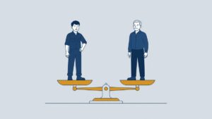 Illustration: a young and an older worker balanced on a scale, equal pay for equal work